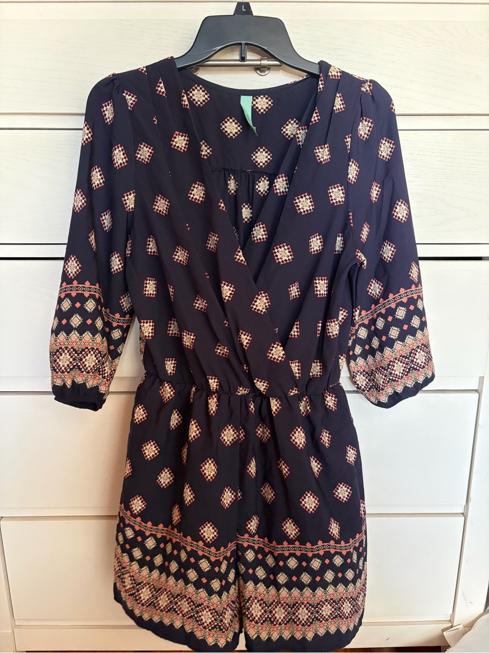 Gilli Navy Geometric Print Faux-Wrap Romper